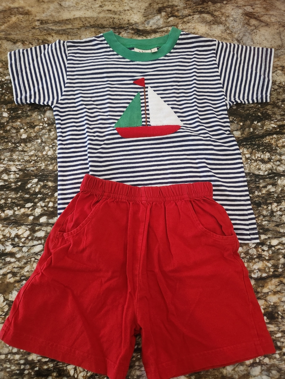 Kids Navy Stripe Sailboat Tee & Red Shorts Matching Set